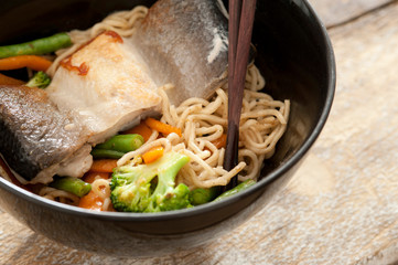Healthy Asian vermicelli noodles with fish
