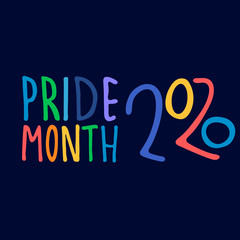 Pride Month 2020. Month of sexual diversity celebrations. Sex minorities self-affirmation concept. Hand-lettered rainbow-colored logo on dark blue background