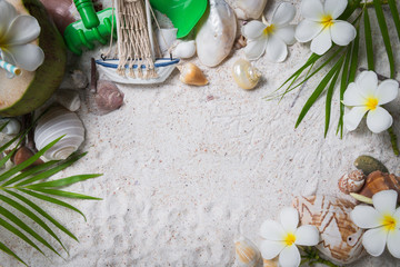 Shells and plumeria flowers on sand background,