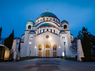 Church of Saint Sava or Saint Sava Temple  (Hram Svetog Save) on the Vracar plateau in Belgrade, Serbia, at night. It is largest serbian orthodox temple and largest orthodox temple on balkan.