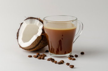 Bulletproof coffee with butter, recipe for ketogenic diet on a white background