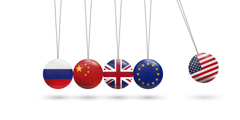 Pendulum of spheres with the flag. USA political and economy conflict with European Union, Great Britain, Russia and China concept.