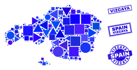 Vector mosaic Vizcaya Province map. Geographic scheme in blue color shades, and scratched round and rectangle stamps. Abstract collage of Vizcaya Province map made of round, triangles,