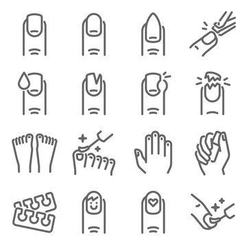Nail manicure icon set vector illustration. Contains such icon as nail care, finger, toe separator, coat, glaze, paint, acrylic nails polish, and more. Expanded Stroke
