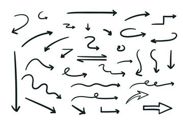 Hand drawn arrows doodle direction mark. Handmade sketch symbols set on a white background. vector illustration graphic design elements.
