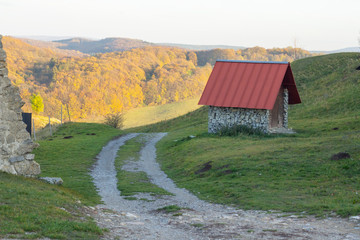 little hut with red roof and dirt road in beautiful forest landscape