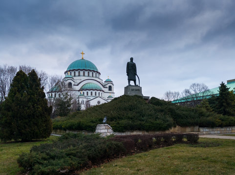 Karadjordje Monument and the Church of Saint Sava or Saint Sava Temple  (Hram Svetog Save) on the Vracar plateau in Belgrade, Serbia, at a overcast day.