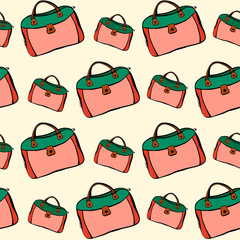 Travelling mood - seamless hand drawn pattern with carpetbag. Positive bags of green and orange are located on yellow background in chaotic rows.
Illustration for delivery, tourism, transportation