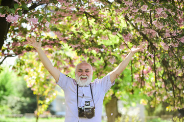 Happy grandfather. Capturing beauty life journey. Photographer in blooming garden. Sakura petals falling down. Vintage camera. Retro camera. Senior man hold professional camera. Photography courses