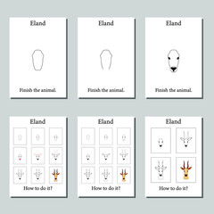 Pages for coloring. Eland and step by step drawing. Set of different options for the education of children.