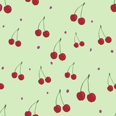 seamless pattern with sweet cherry illustration. Ripe cherry. on a green background