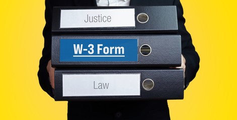 W-3 Form. Lawyer carries a stack of 3 file folders. One folder has a blue label. Law, justice, judgement