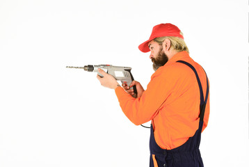 For drilling solid wall you need masonry bit. Man in cap with drills white background. Builder repairman makes hole. Safety measures. Drilling concept. Perforator and bit. Powerful drill. Buy drill