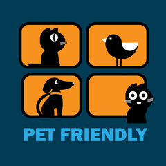 Hotel for animals. Pet friendly concept. Silhouettes of cats, dogs, birds in the glowing Windows. Vector flat illustration