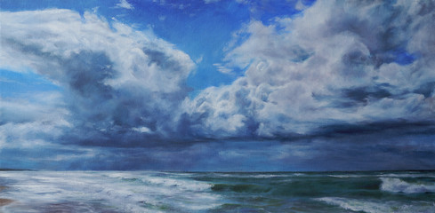 sea storm and cloudy sky - nature shore scene oil painting with detailed canvas texture