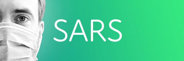 SARS. Portrait von Mann mit Mundschutz/Atemmaske. Text auf Hintergund (blau/grün). Coronavirus