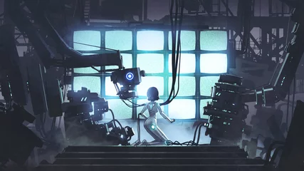 Foto op Plexiglas Herstel de stroom naar de laatste. Vrouwelijke robot die zichzelf repareert in de fabriek, digitale kunststijl, illustratie, schilderkunst © grandfailure