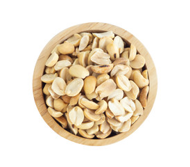Roasted peanuts in wooden bowl on white background, healthy food concept