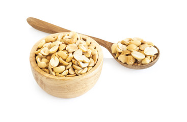Roasted peanuts in wooden bowl on white background, healthy food concept