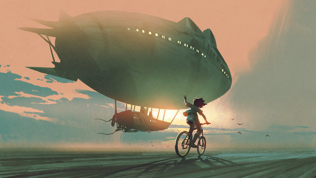 See you in the next century.
kid rides a bicycle waving good bye to the airship at sunset, digital art style, illustration painting