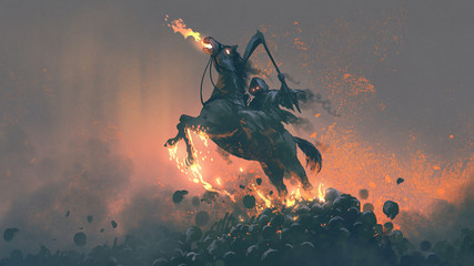 the horseman, grim reaper riding the horse jumping  from a pile of human skulls, digital art style, illustration painting