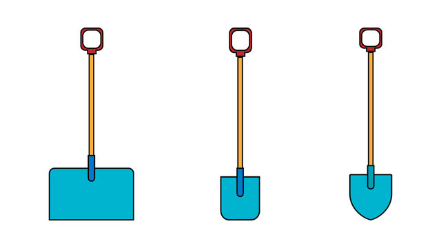 Set of three icons of building snow-agro agro beautiful sovok, bayonet shovels with wooden handles for digging the ground. Garden tools on a white background. Vector illustration