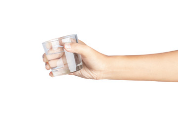 Hand holding water glass isolated on white background.