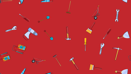 Texture, seamless pattern from a set of construction tools for repair: hammer, shovel, screwdriver, wrench, tester, brush, saw, trolley, trowel, ladder on a red background. Vector illustration