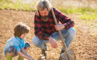 Where food comes from. Teaching son growing plants. Planting plants. Works in field. Father farmer...