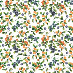watercolor illustration, seamless pattern, branches with green leaves and various berries, wallpaper and fabric ornament, wrapping paper