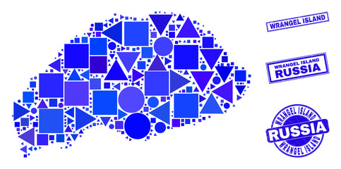 Vector mosaic Wrangel Island map. Geographic collage in blue color tinges, and scratched round and rectangle stamps. Abstract collage of Wrangel Island map done of round, triangles,