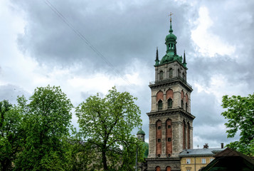 Fototapeta na wymiar Kornyakt Tower, spire of the bell tower of the Assumption Church in Lviv, Ukraine