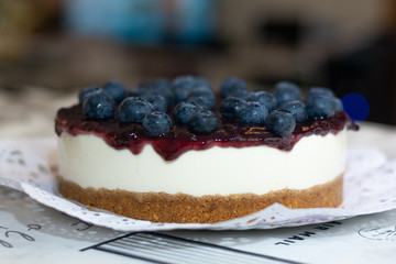 New York cheesecake or classic cheesecake with blueberries. close-up and blur background