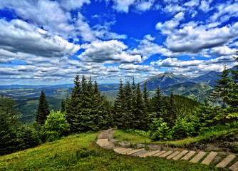 view of the trail in the Polish Tatra Mountains on a beautiful day