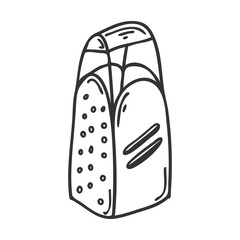 Kitchen grater in Doodle style. Utensils for chopping vegetables Element for menu design, recipes,food packaging and cooking magazines.Hand-drawn and isolated on a white background.Black-white vector