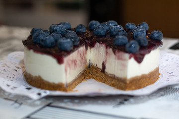 New York cheesecake or classic cheesecake with blueberries. close-up and blur background