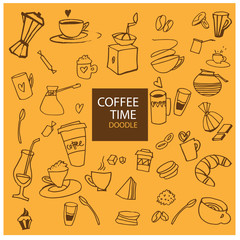coffee time a set of objects drawn by hand.