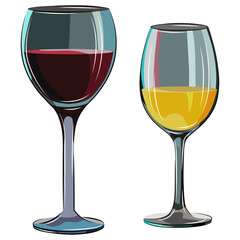 vector illustration, set of wine glasses, red and yellow wine, isolate on a white background
