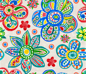 Flower watercolor seamless pattern. Floral ornamental pattern. Hand made colorful art design as kid illustration for cloth, fabric