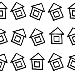 Seamless doodle pint with cozy homes on blue background. White houses are located in chaotic style. Pattern for design interiors and children’s goods. Vector illustration. Isolated on white background