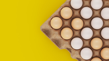 Top view, fresh chicken eggs isolated on a yellow background. Natural healthy food and organic nutrition concept.