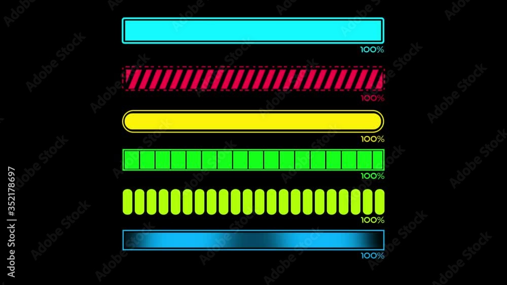 Poster loading bars animation in different style alpha matted video in 4k. showing different loading fill b