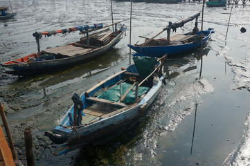 Wooden, Indonesian small boats in the inner harbor at low tide. Gresik, Indonesia.