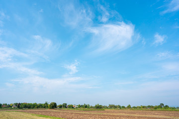 Obraz premium Sky blue or azure sky and clouds is bright white background. Everything lies above surface atmosphere outer space is sky. Cloud is aerosol comprising visible mass liquid, for creative design graphic