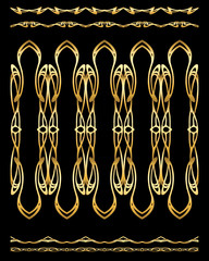 Set of seamless borders in art nouveau style, vintage, old, retro style in gold Isolated on black background..
