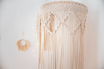 Bed boho macrame canopy Summer wedding decor, bright background, handmade crafts