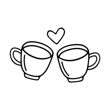 Two large mug of coffee or cocoa hand-drawn for lovers. Vector doodle illustration black outline on a white background