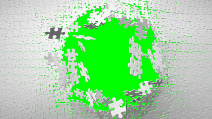 Jigsaw Puzzle Transition Element. Arranged Puzzles Pieces Exploded Into the Camera. 3D Render with Green Screen Background.