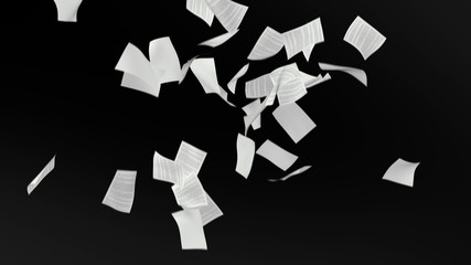 Filled documents falling from above on black background. Documents covering screen.