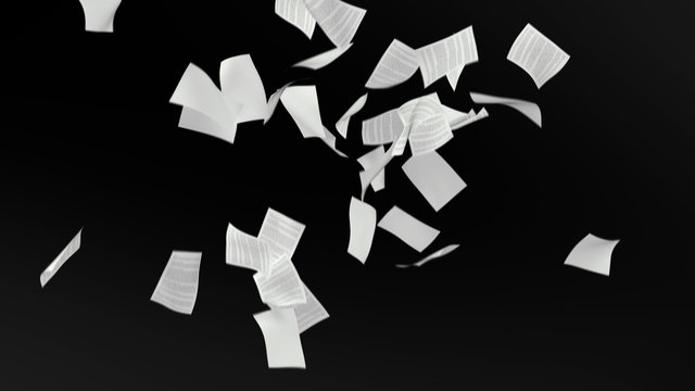 Filled documents falling from above on black background. Documents covering screen.